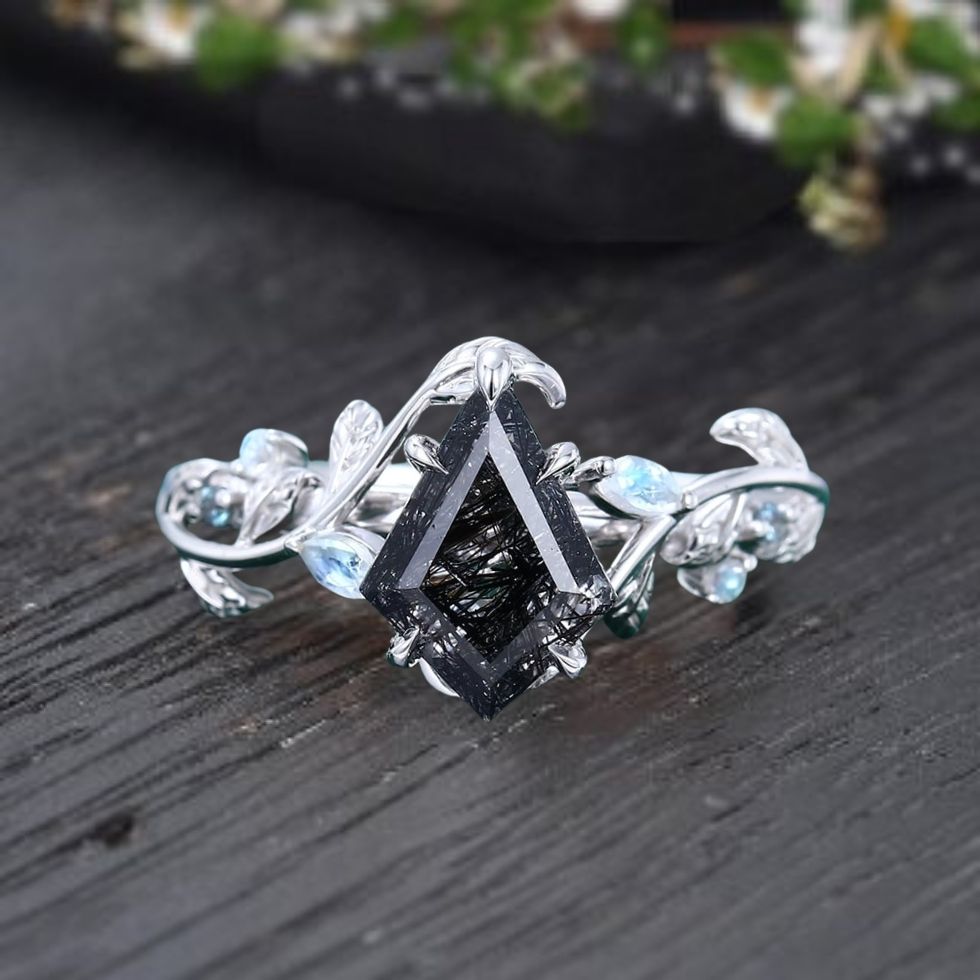 Kite cut black rutilated quartz engagement ring Solid 14K rose gold promise ring Nature Inspired leaf and vine ring Jewelry gift for women